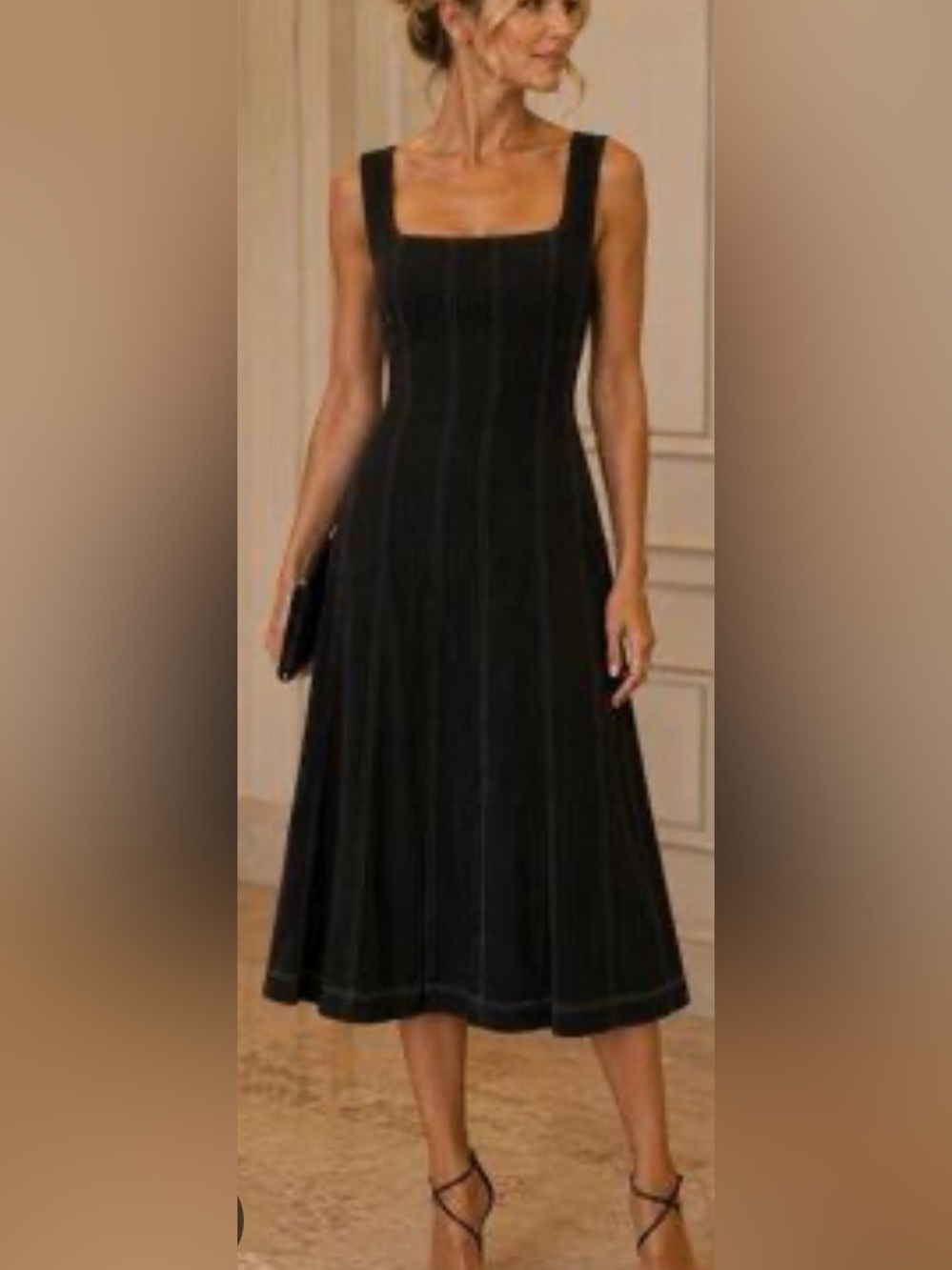 Christian Lacroix Black Stitch-Detail Square Neck A-Line Midi Dress size XS